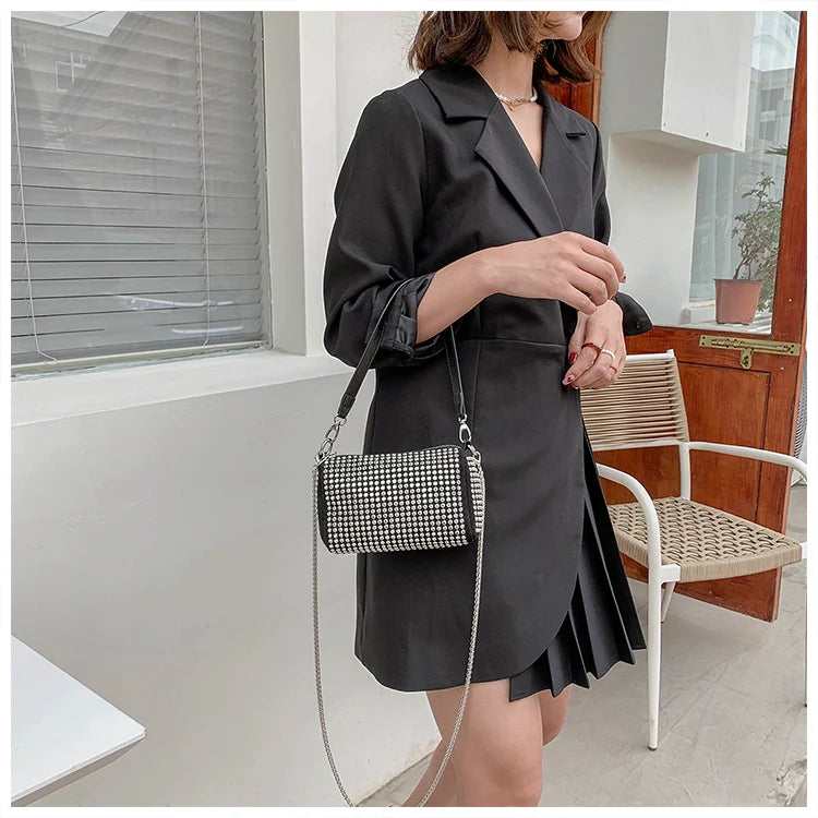 Rhinestone Square Pouch | Full Diamond Underarm Bag & Chain Shoulder Crossbody (Small Handbag, Japanese & Korean Style)