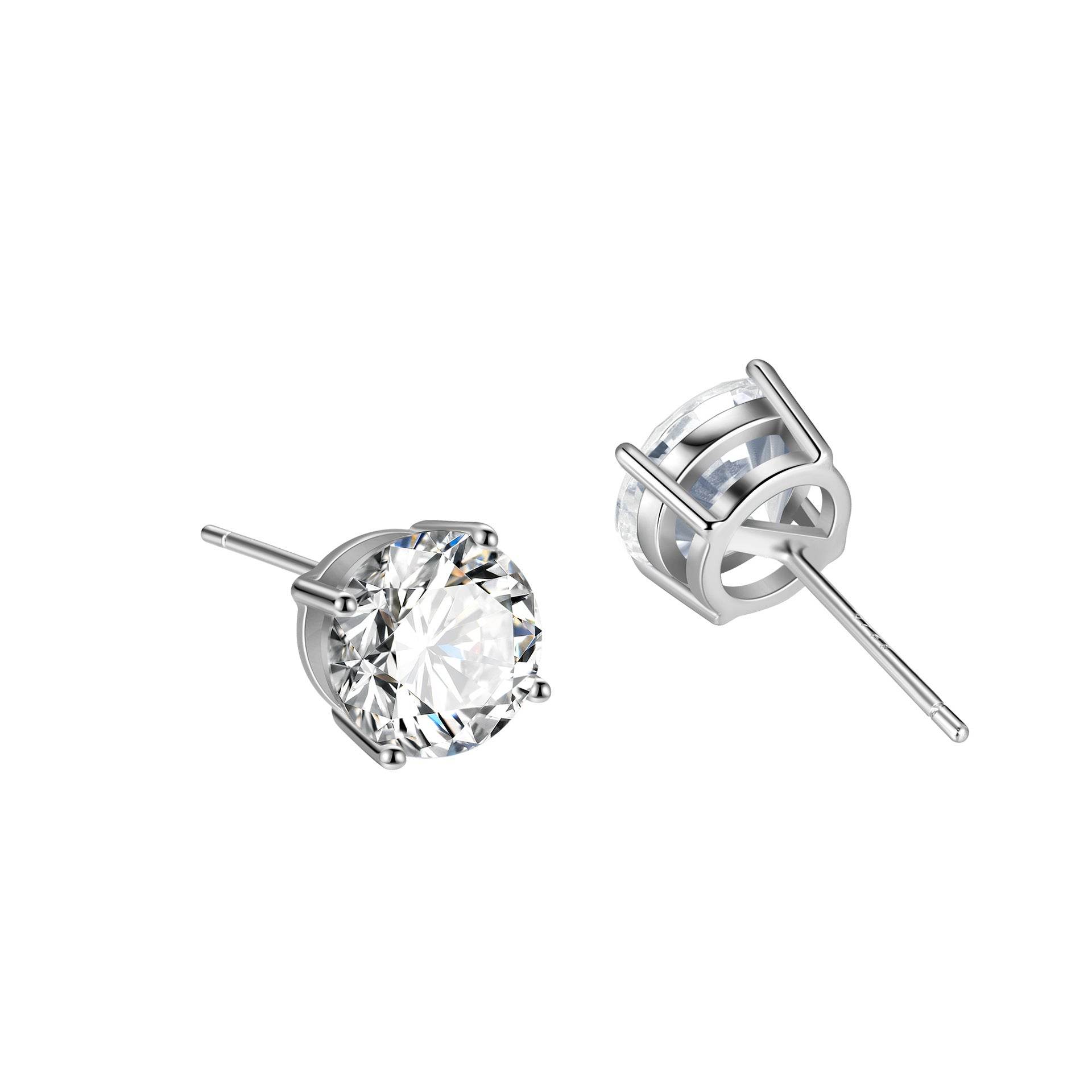 S925 Dazzling Classic 4-Prong CZ Stud Earrings, 2-8mm Round Cubic Zirconia Sterling Silver Earrings, 4 Color Options, Unisex Men Women Daily