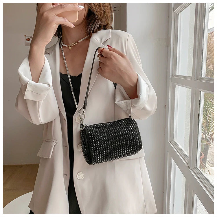 Rhinestone Square Pouch | Full Diamond Underarm Bag & Chain Shoulder Crossbody (Small Handbag, Japanese & Korean Style)