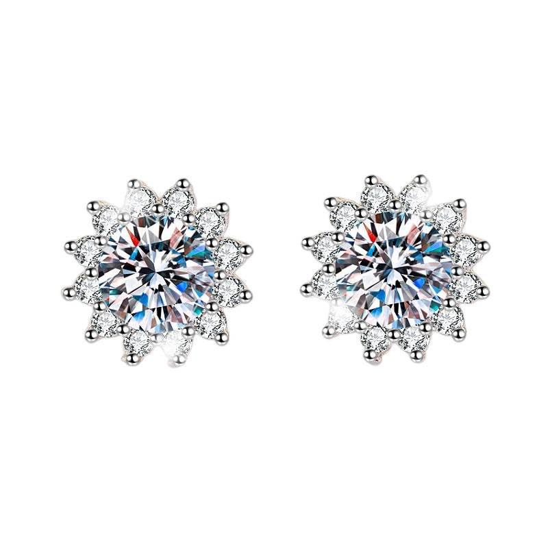 S925 Moissanite/CZ Sunflower Halo Stud Earrings, 0.5ct D-Grade VVS Certificate, Hypoallergenic Sterling Silver Jewelry Gift