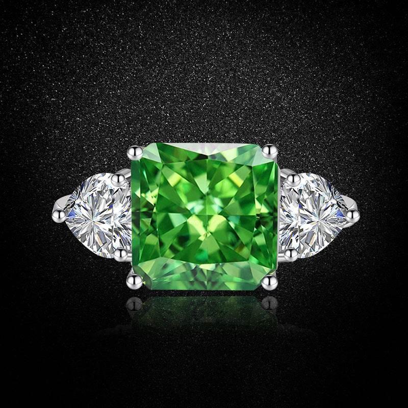 Multicolor Ice Flower Cut Square CZ Adjustable Ring, Blue & Green 10*10mm 8A Main Cubic Zirconia, Two Heart Side CZ, Dainty Luxe