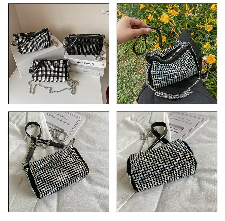 Rhinestone Square Pouch | Full Diamond Underarm Bag & Chain Shoulder Crossbody (Small Handbag, Japanese & Korean Style)