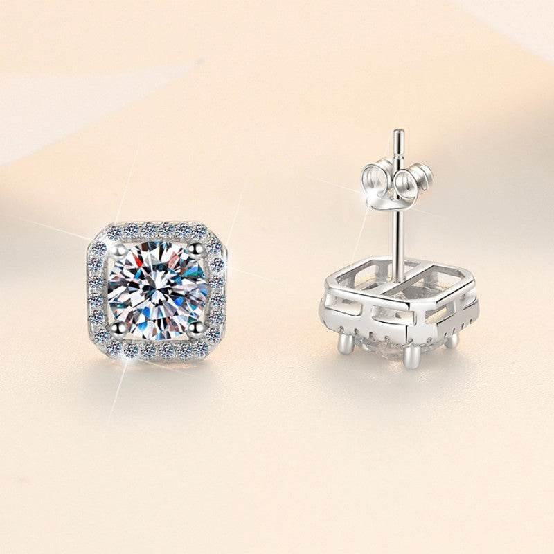 S925 Colorful Moissanite/CZ Square Halo Earrings, 0.5-1ct D-Grade VVS Certificate, Hypoallergenic Sterling Silver Jewelry Gift