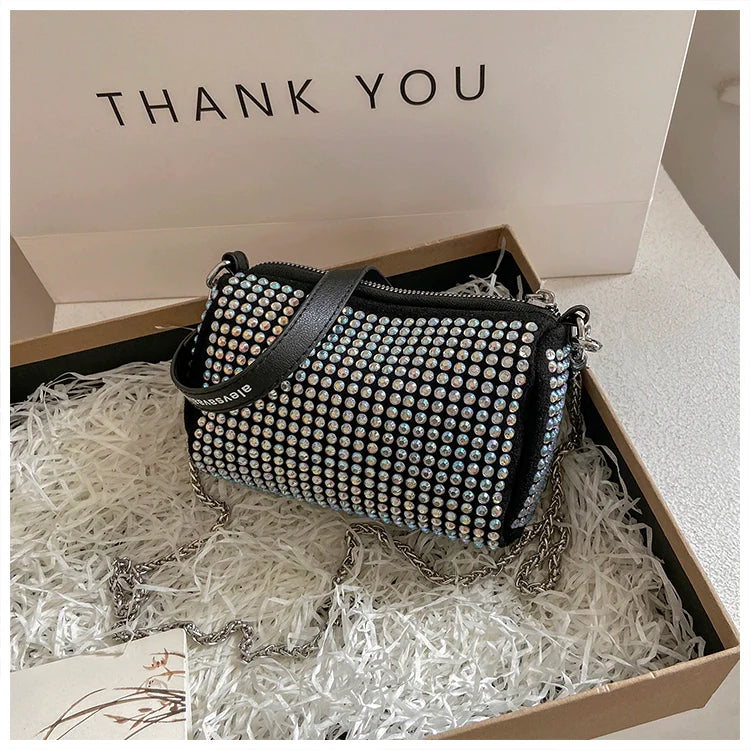 Rhinestone Square Pouch | Full Diamond Underarm Bag & Chain Shoulder Crossbody (Small Handbag, Japanese & Korean Style)