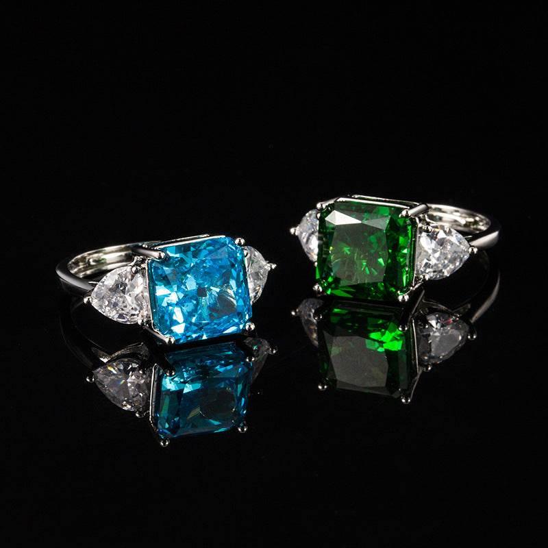 Multicolor Ice Flower Cut Square CZ Adjustable Ring, Blue & Green 10*10mm 8A Main Cubic Zirconia, Two Heart Side CZ, Dainty Luxe