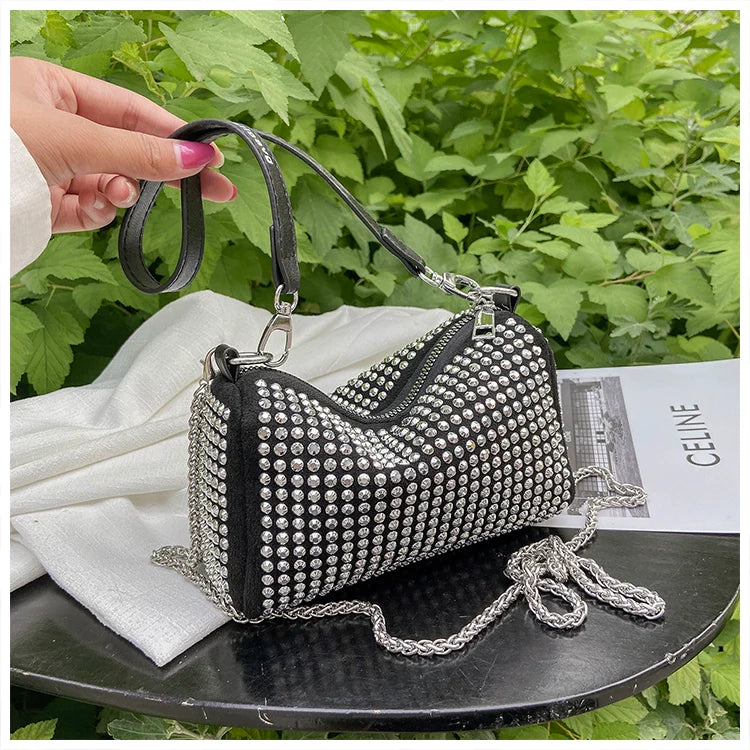 Rhinestone Square Pouch | Full Diamond Underarm Bag & Chain Shoulder Crossbody (Small Handbag, Japanese & Korean Style)