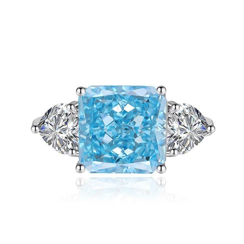 Multicolor Ice Flower Cut Square CZ Adjustable Ring, Blue & Green 10*10mm 8A Main Cubic Zirconia, Two Heart Side CZ, Dainty Luxe