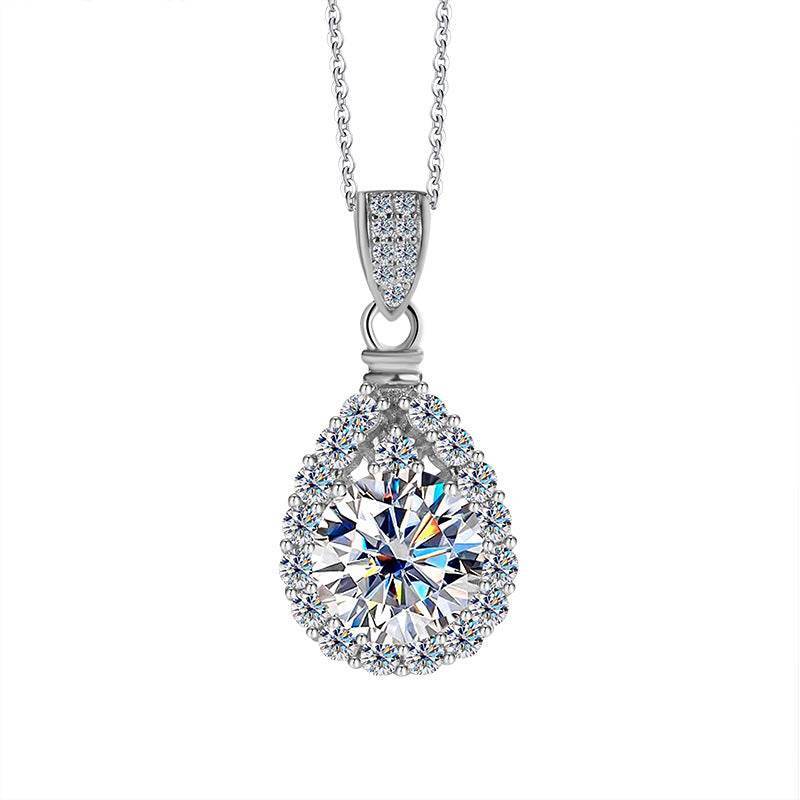 S925 High Carbon CZ Teardrop Halo Pendant Necklace with Pavé Top Frame, 6-11mm Cubic Zirconia, Sterling Silver Pear Shape Pendant for Her