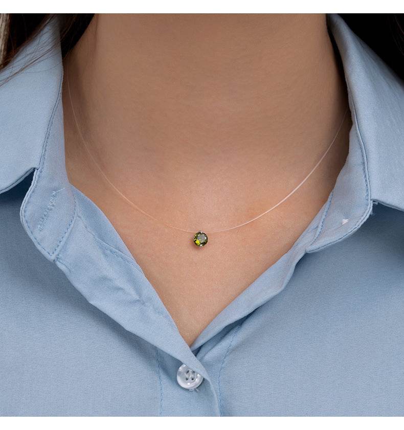 S925 Multicolor Mermaid Tear Floating CZ Necklace, Sterling Silver Invisible Fishing Line 6-8mm Cubic Zirconia Pendant, 40+5cm Adjustable Dainty Minimalist Choker