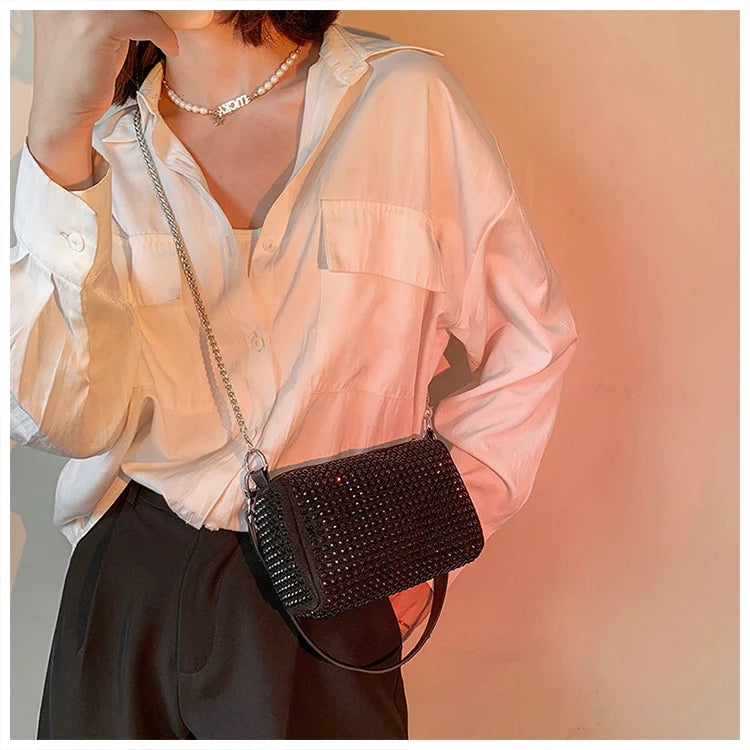 Rhinestone Square Pouch | Full Diamond Underarm Bag & Chain Shoulder Crossbody (Small Handbag, Japanese & Korean Style)