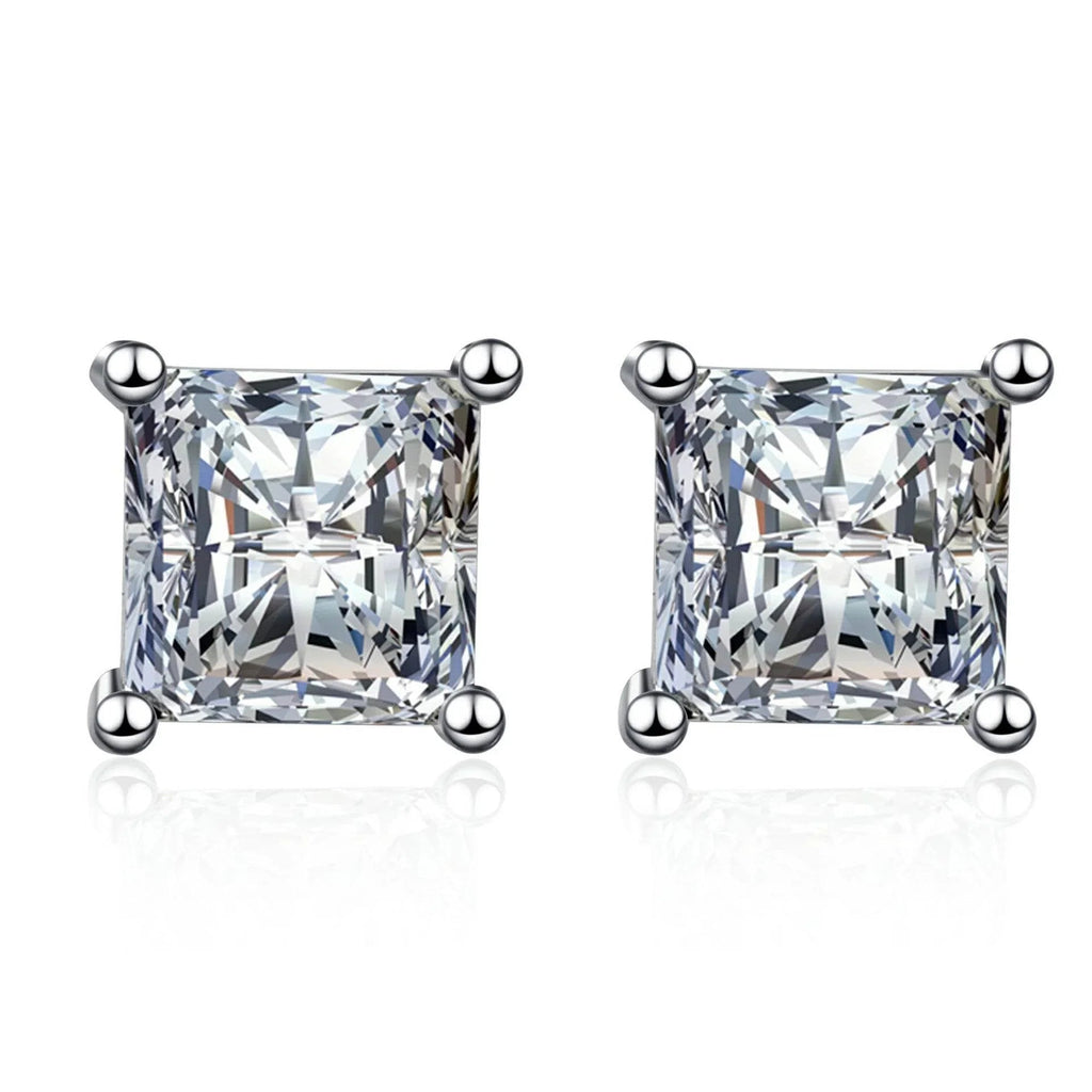 S925 Square Princess Cut CZ or Moissanite Stud Earrings, 0.6-2ct Sterling Silver Hypoallergenic Zirconia Gift for Her Him