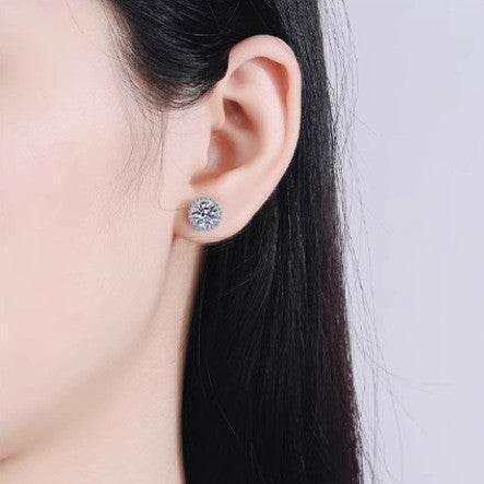 S925 White Moissanite Halo Stud Earrings, Sterling Silver D-Grade VVS Round-Cut Certificated Moissanite Jewelry for Men & Women, Simple & Stylish Gift for Wedding, Birthday, Anniversary