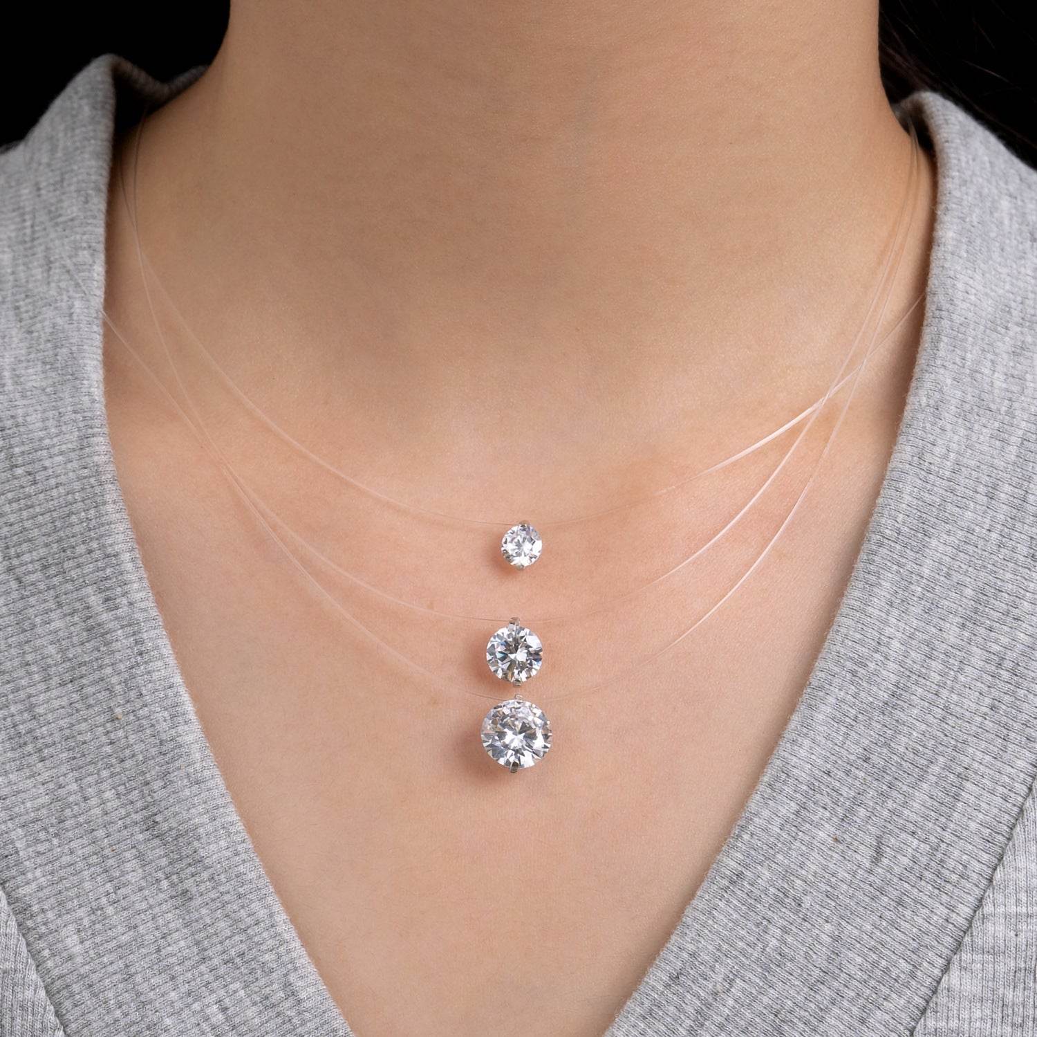 S925 Multicolor Mermaid Tear Floating CZ Necklace, Sterling Silver Invisible Fishing Line 6-8mm Cubic Zirconia Pendant, 40+5cm Adjustable Dainty Minimalist Choker