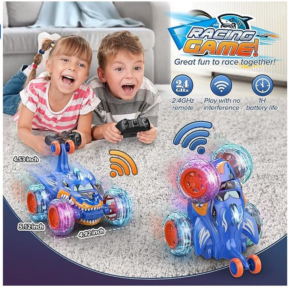 Remote Control Stunt Car Shark RC Kids Toy Outdoor 360° Rotating Boys and Girls - Blue