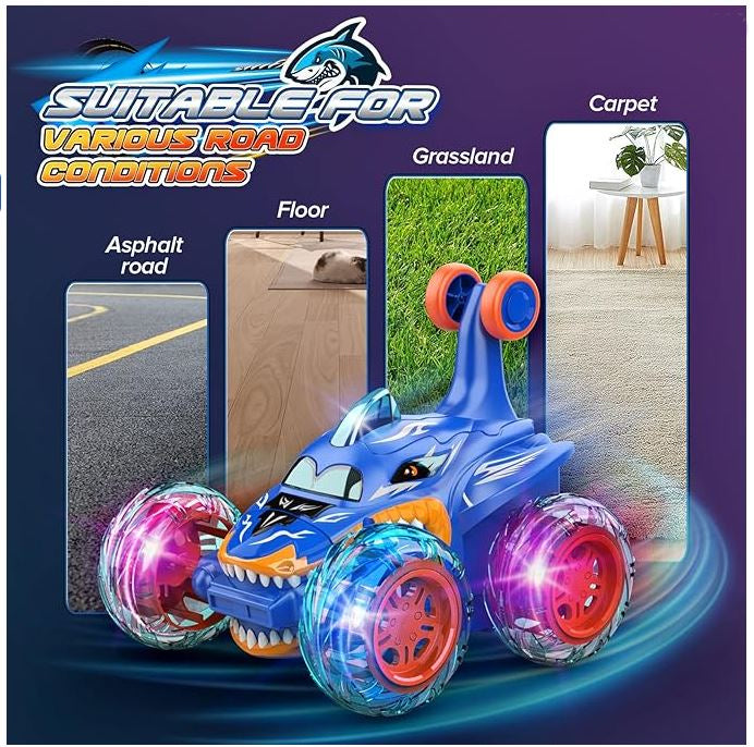 Remote Control Stunt Car Shark RC Kids Toy Outdoor 360° Rotating Boys and Girls - Blue