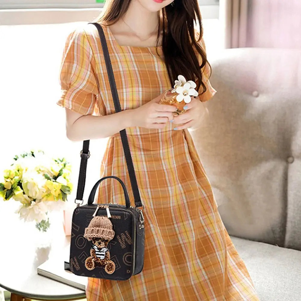 PU Leather Shoulder Bags | Fashion Simple Cute Cartoon Bear Crossbody Bag & Messenger Bag (Women's Small Square Handbags)