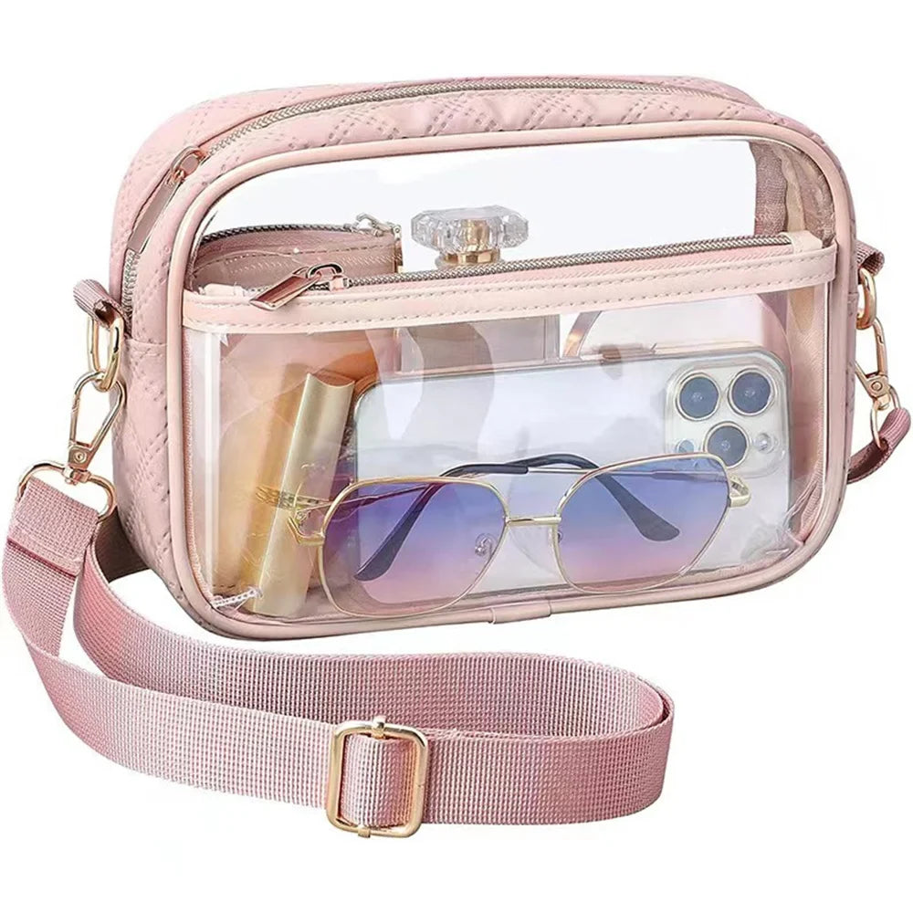 Transparent PVC Crossbody Bag | Ladies Jelly Square Shoulder Messenger Bag & Waterproof Cosmetic Bag (Female Phone Purse for Travel)