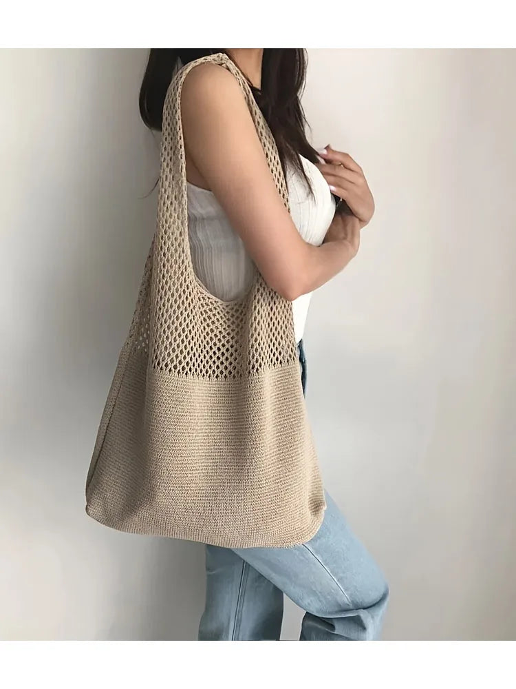 Large Capacity Retro Hollow Crochet Bag | Spacious Interior for Daily Essentials & Ideal for Grocery Shopping or Travel