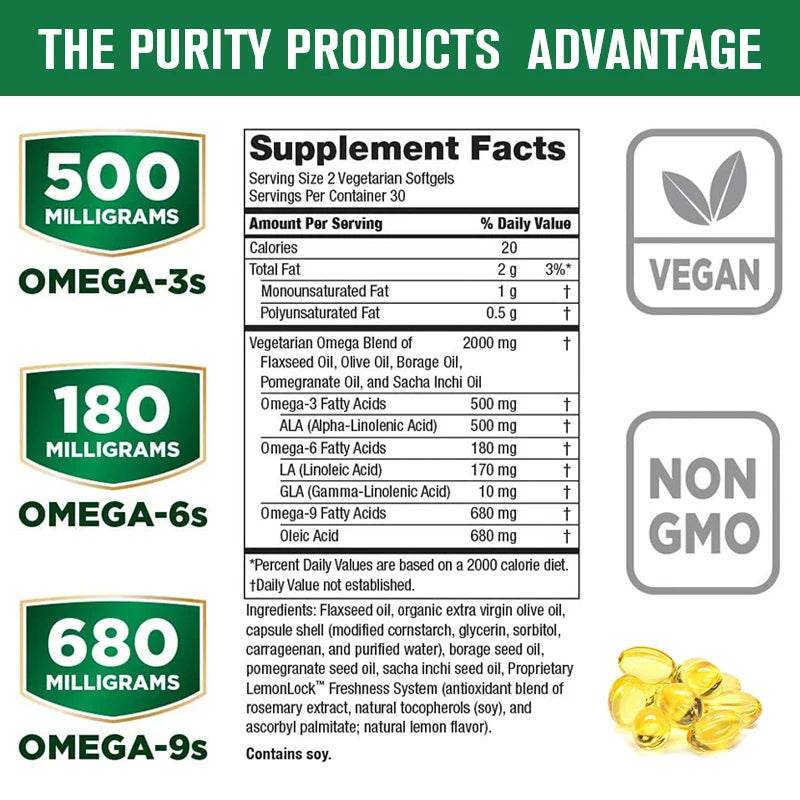 Omega 3 Fish Oil Capsules Non-GMO Gluten Free Dietery Supplement- Supports Nervous System, Skin Hair Health, Relieves Stress