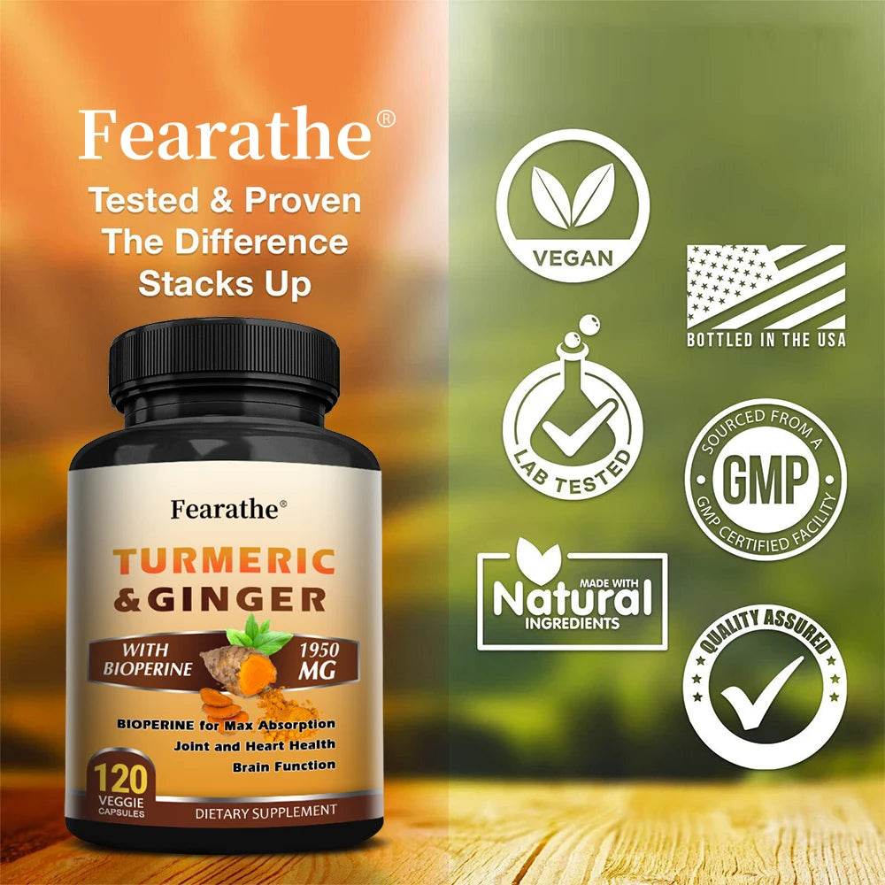 Turmeric Ginger Capsules with BioPerine 1950 Mg - Black Pepper for Better Absorption, Natural Joint, Heart and Brain Support