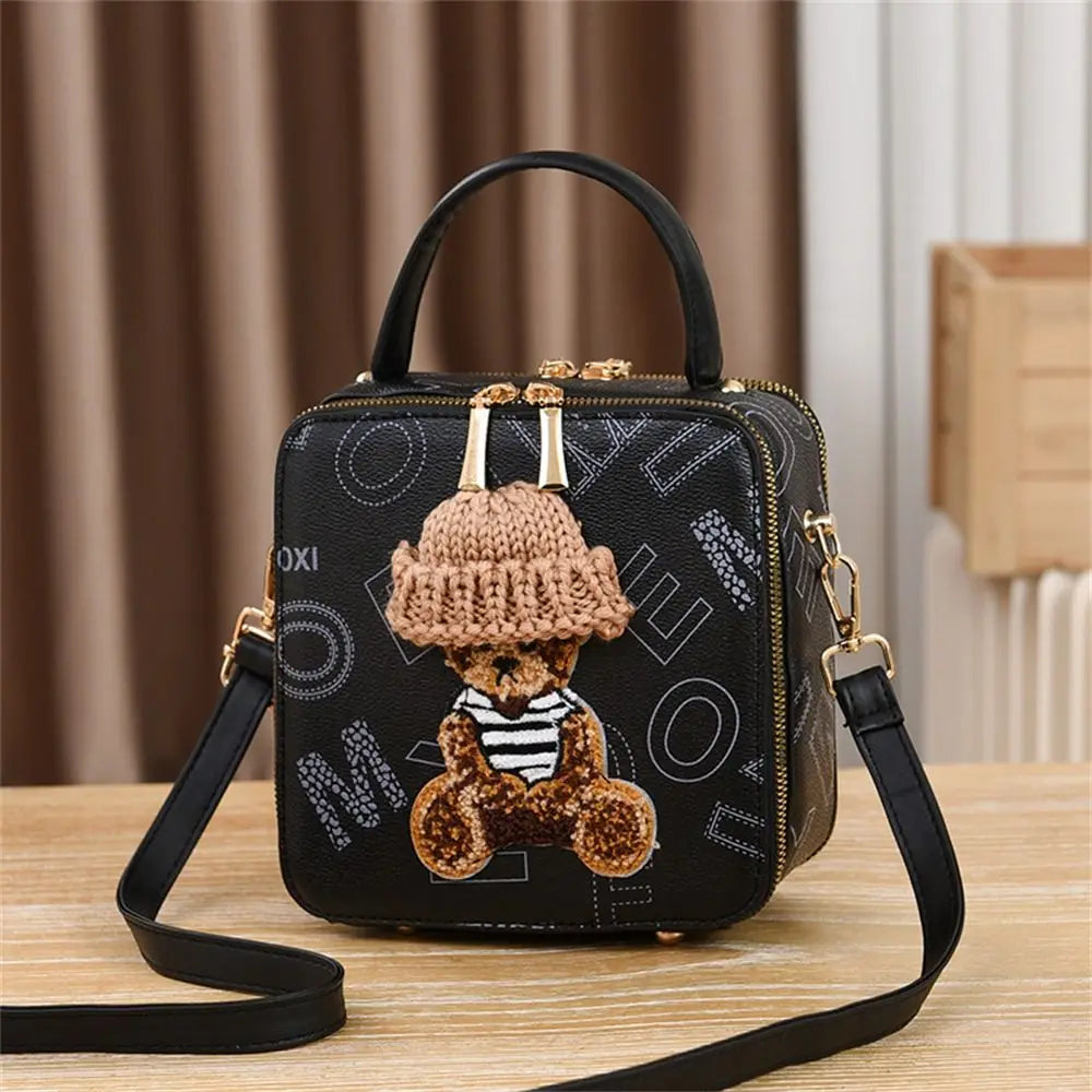 PU Leather Shoulder Bags | Fashion Simple Cute Cartoon Bear Crossbody Bag & Messenger Bag (Women's Small Square Handbags)