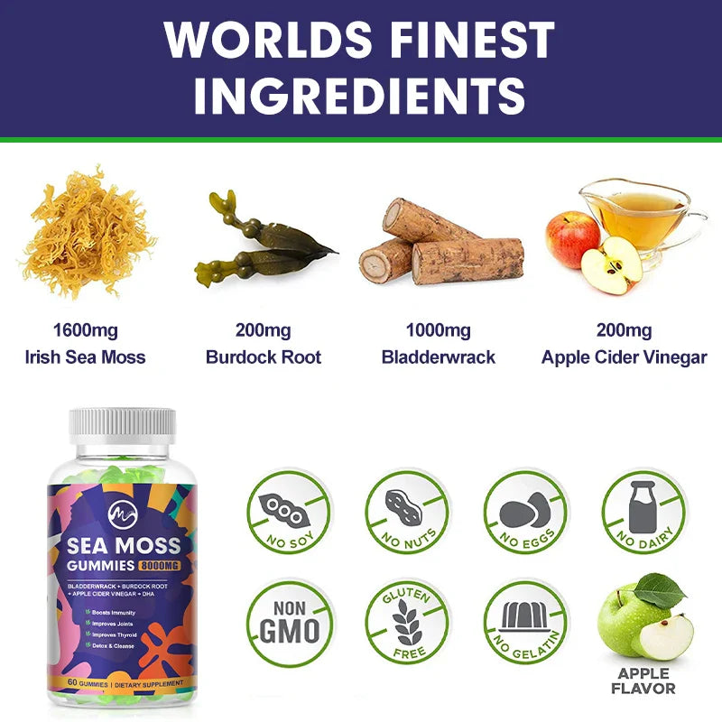Sea Moss Gummies - 60 Gummies - Made with Bladderwrack & Burdock Root - Seamoss Supplement for Thyroid, Energy, Immune Support