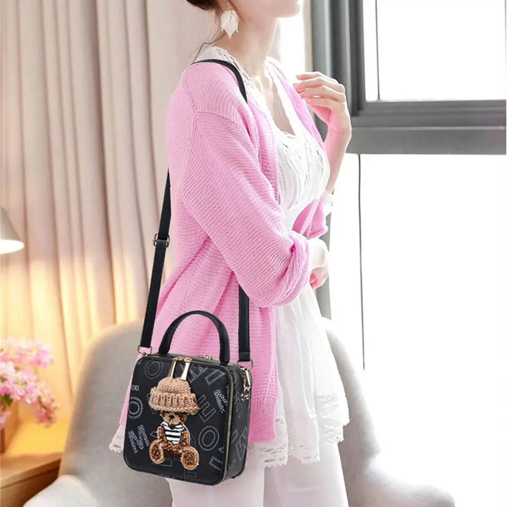 PU Leather Shoulder Bags | Fashion Simple Cute Cartoon Bear Crossbody Bag & Messenger Bag (Women's Small Square Handbags)