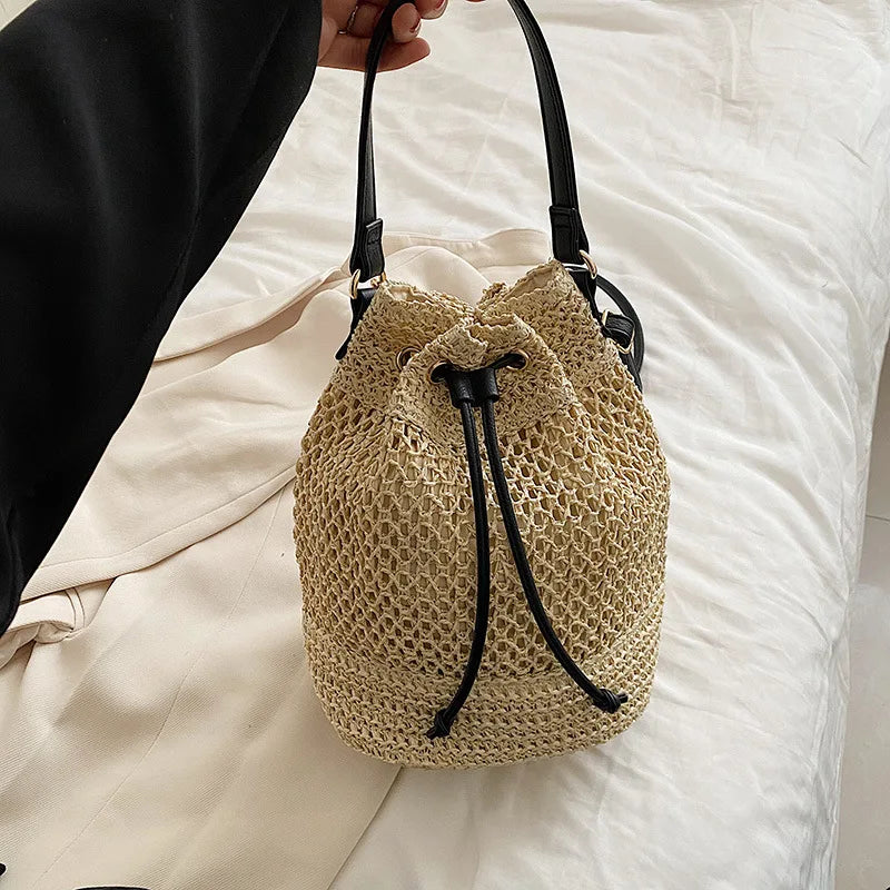 Simple Straw Bucket Bag for Women | Woven Handmade Shoulder Bag & Drawstring Crossbody Bag (Rattan Beach Bag for Girls & Travel Purse)