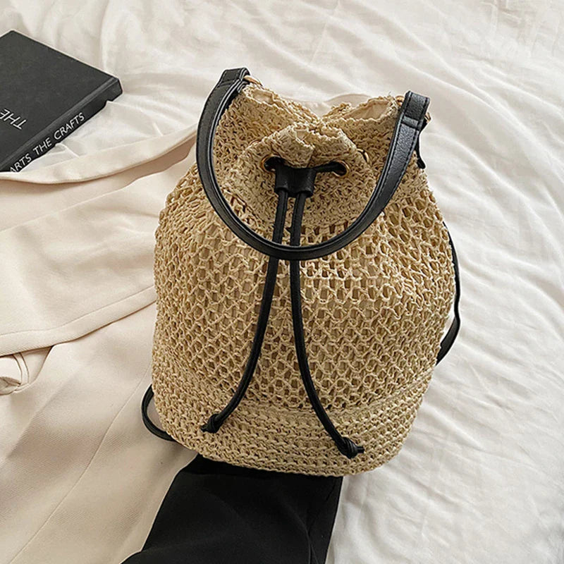 Simple Straw Bucket Bag for Women | Woven Handmade Shoulder Bag & Drawstring Crossbody Bag (Rattan Beach Bag for Girls & Travel Purse)