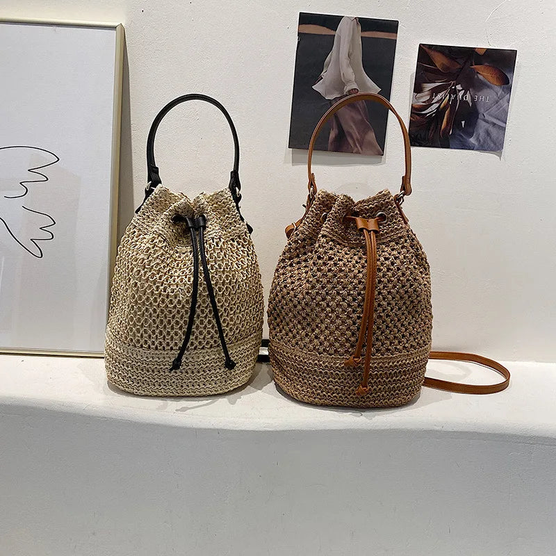Simple Straw Bucket Bag for Women | Woven Handmade Shoulder Bag & Drawstring Crossbody Bag (Rattan Beach Bag for Girls & Travel Purse)