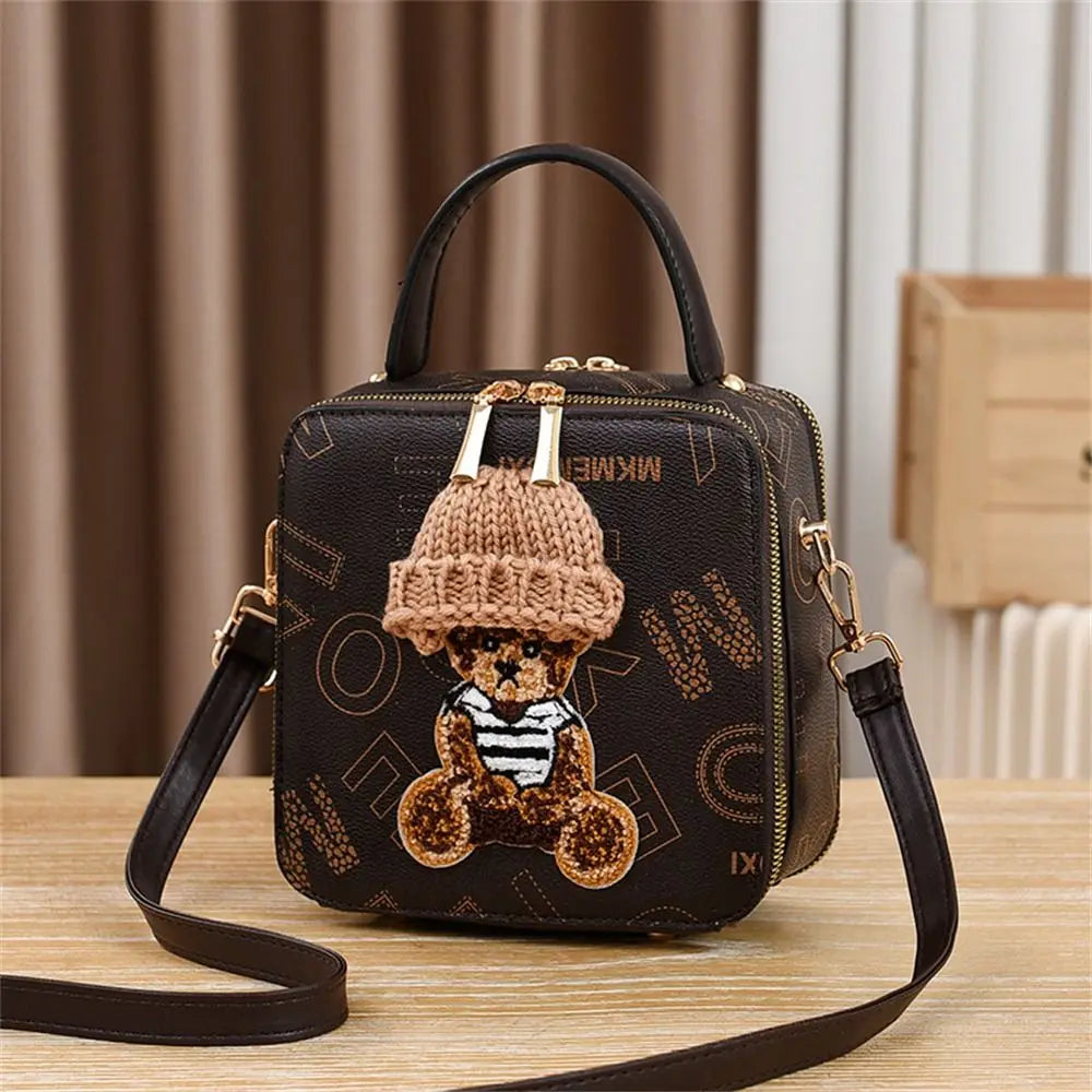 PU Leather Shoulder Bags | Fashion Simple Cute Cartoon Bear Crossbody Bag & Messenger Bag (Women's Small Square Handbags)