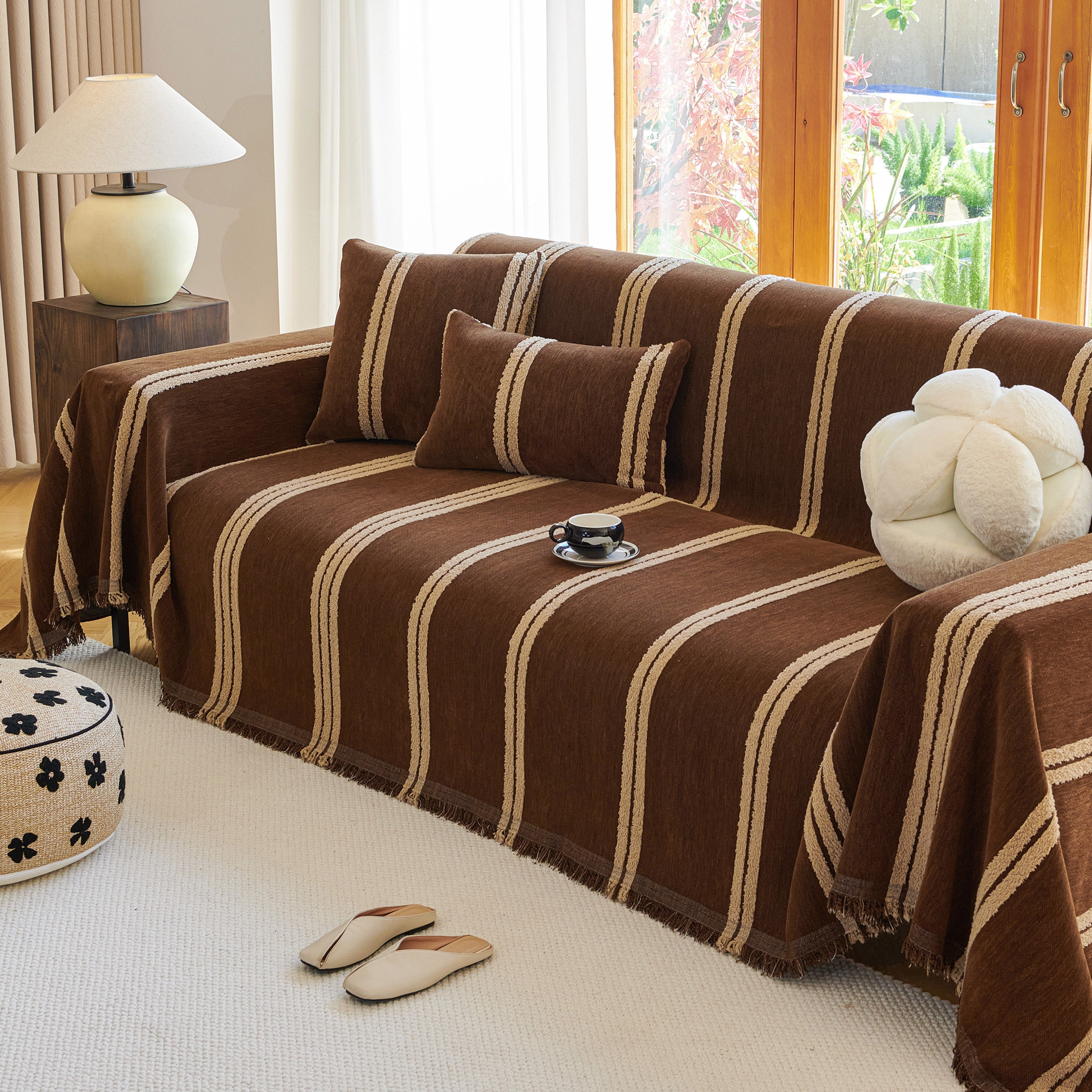 Textural Striped Chenille Sofa Covers, Boho Washable Decor Sofa Blankets Covers