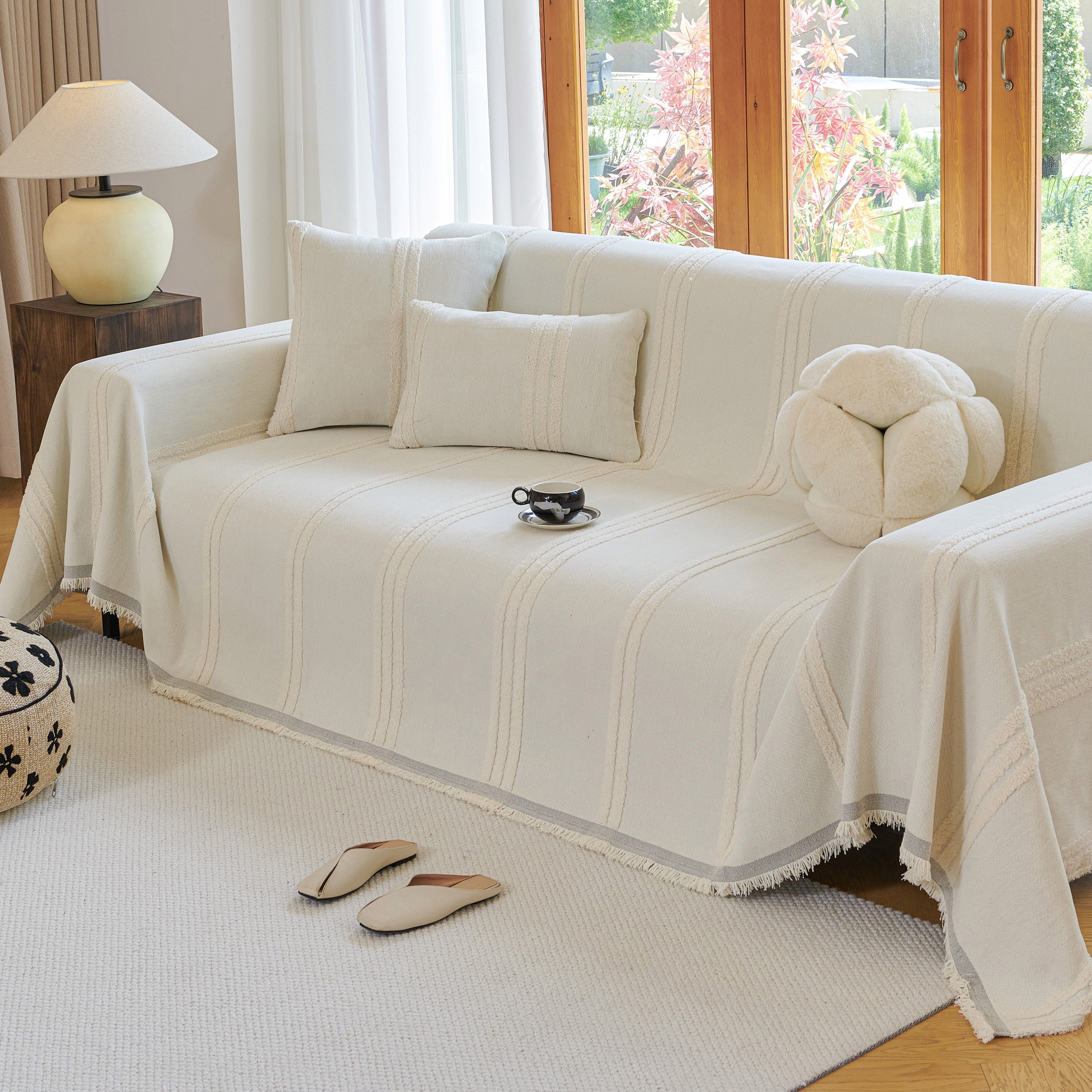 Textural Striped Chenille Sofa Covers, Boho Washable Decor Sofa Blankets Covers