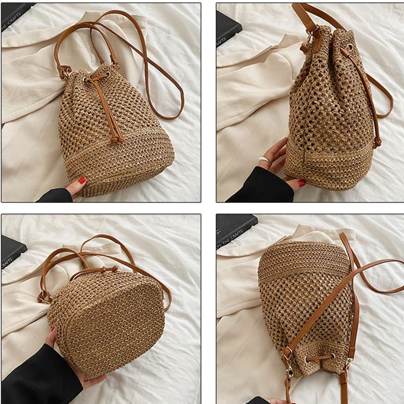Simple Straw Bucket Bag for Women | Woven Handmade Shoulder Bag & Drawstring Crossbody Bag (Rattan Beach Bag for Girls & Travel Purse)