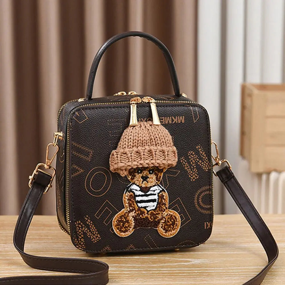 PU Leather Shoulder Bags | Fashion Simple Cute Cartoon Bear Crossbody Bag & Messenger Bag (Women's Small Square Handbags)