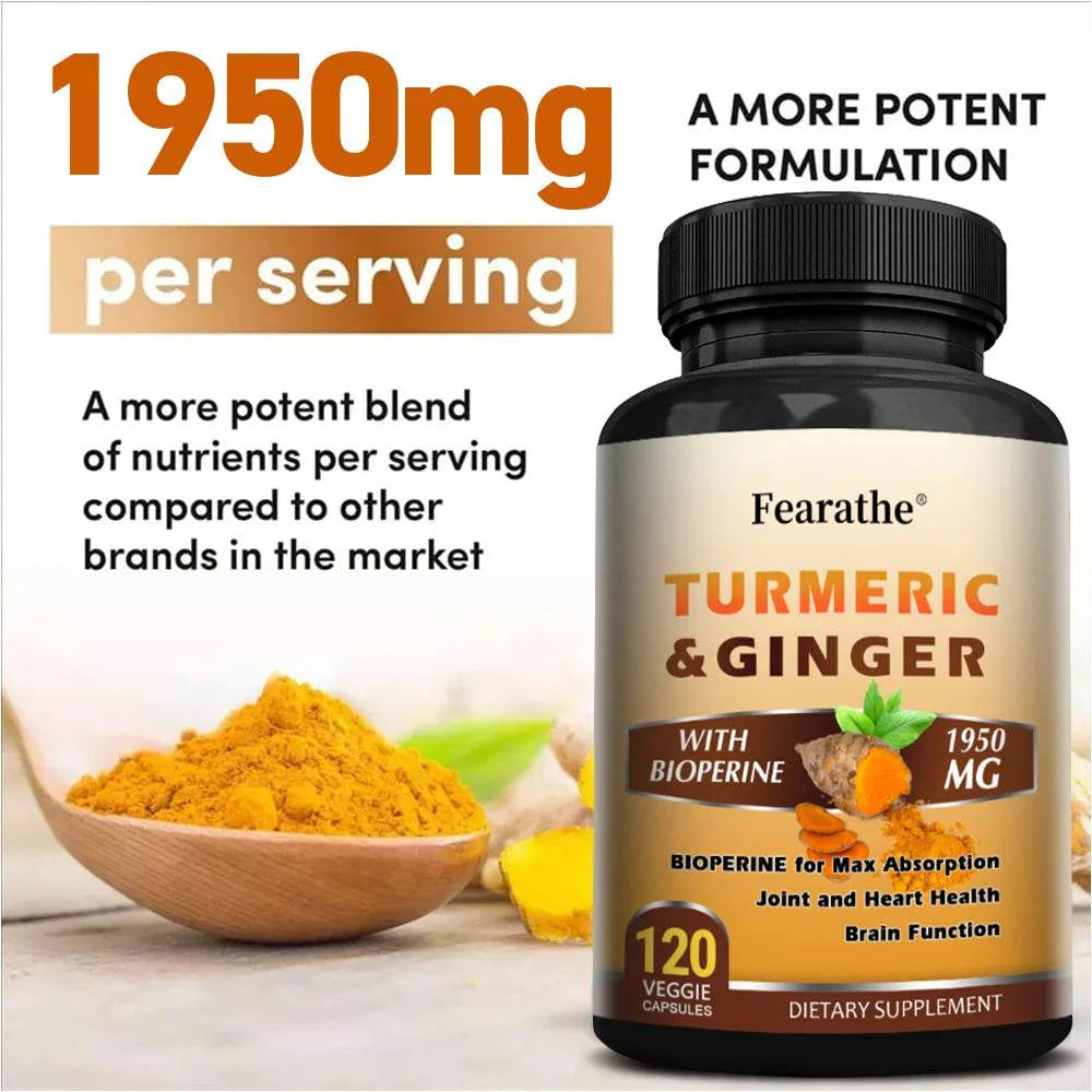 Turmeric Ginger Capsules with BioPerine 1950 Mg - Black Pepper for Better Absorption, Natural Joint, Heart and Brain Support
