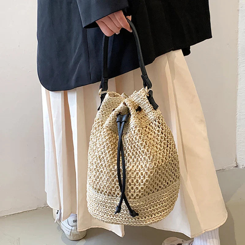 Simple Straw Bucket Bag for Women | Woven Handmade Shoulder Bag & Drawstring Crossbody Bag (Rattan Beach Bag for Girls & Travel Purse)