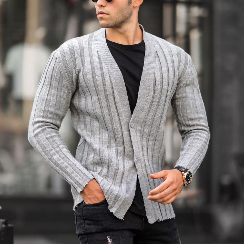 European And American Men's Solid Color Cardigan Pit Strip Casual Slim Sweater Knit Sweater