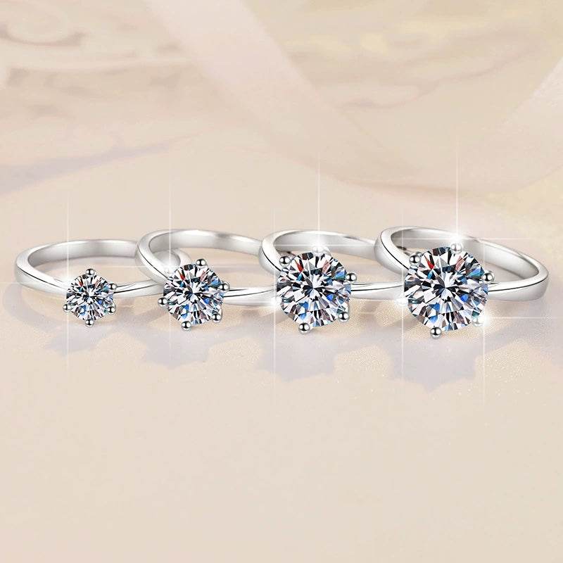 S925 Classic 6-Prong Moissanite Engagement Ring, 0.5–3ct Round Cut D-Grade VVS Certified Solitaire, Sterling Silver Wedding Gift for Her Him