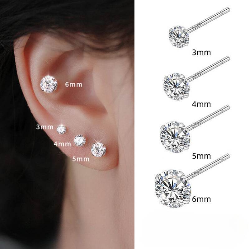 S999 Dazzling Minimalist CZ Stud Earrings, 2-8MM Cubic Zirconia Hypoallergenic Pure Sterling Silver Tiny Earrings for Sensitive Ears Daily