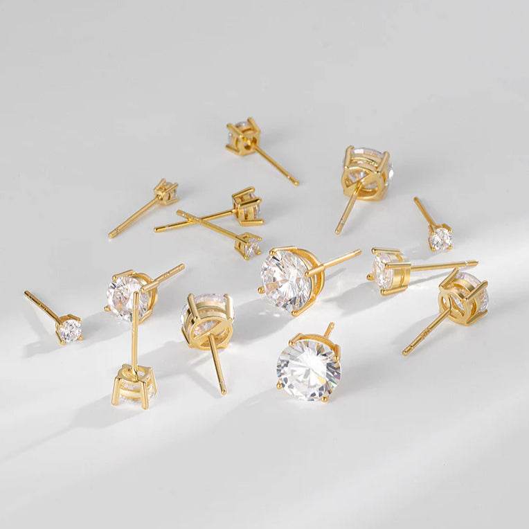 S925 Dazzling Classic 4-Prong CZ Stud Earrings, 2-8mm Round Cubic Zirconia Sterling Silver Earrings, 4 Color Options, Unisex Men Women Daily