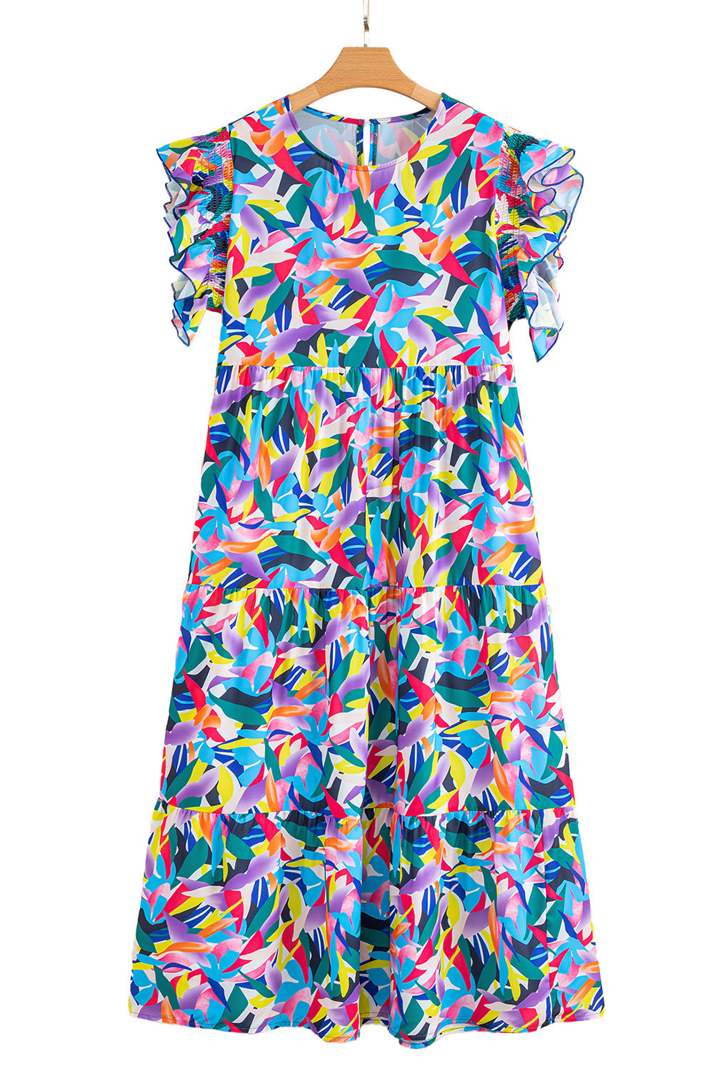 Blue Abstract Print Ruffle Sleeve Plus Size Tiered Maxi Dress