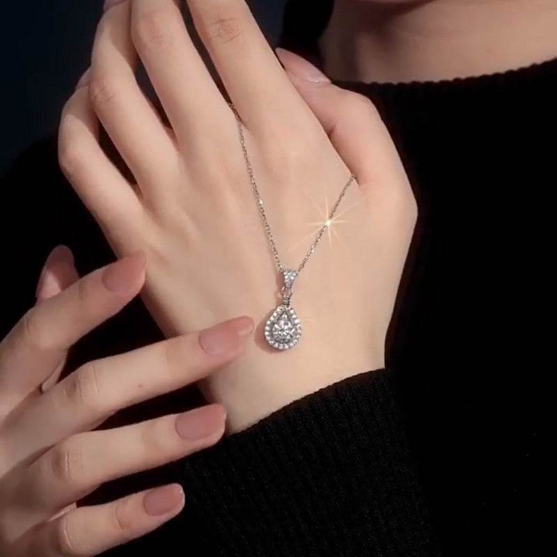 S925 Moissanite Teardrop Halo Pendant Necklace with Pavé Top Frame, 1-5ct VVS1 D-Grade Certified, Sterling Silver Pear Shape Pendant for Her