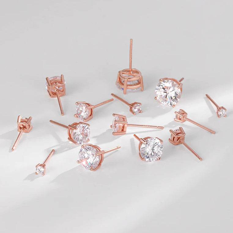 S925 Dazzling Classic 4-Prong CZ Stud Earrings, 2-8mm Round Cubic Zirconia Sterling Silver Earrings, 4 Color Options, Unisex Men Women Daily