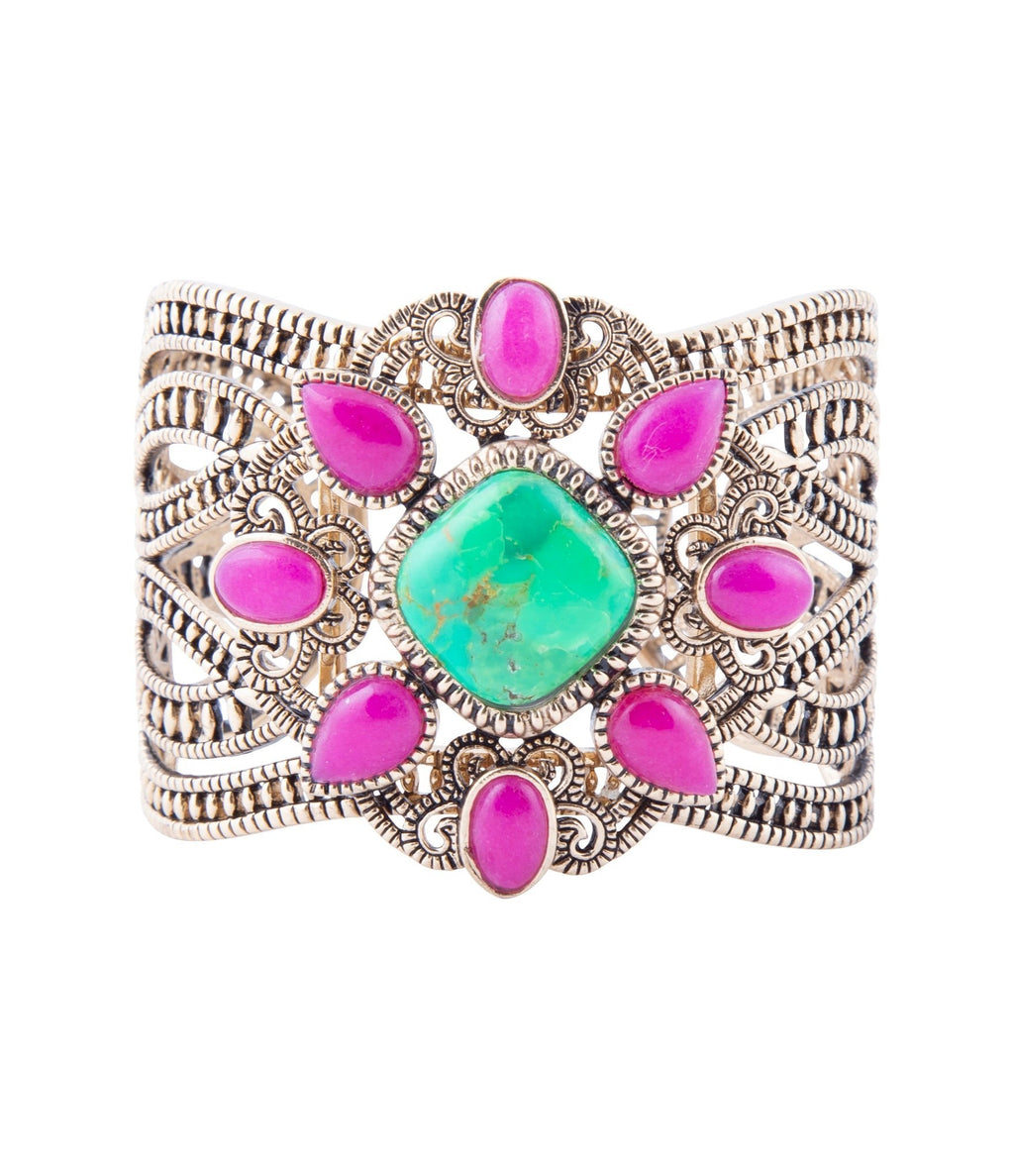 Madeira Lime and Pink Agate Statement Golden Cuff Bracelet