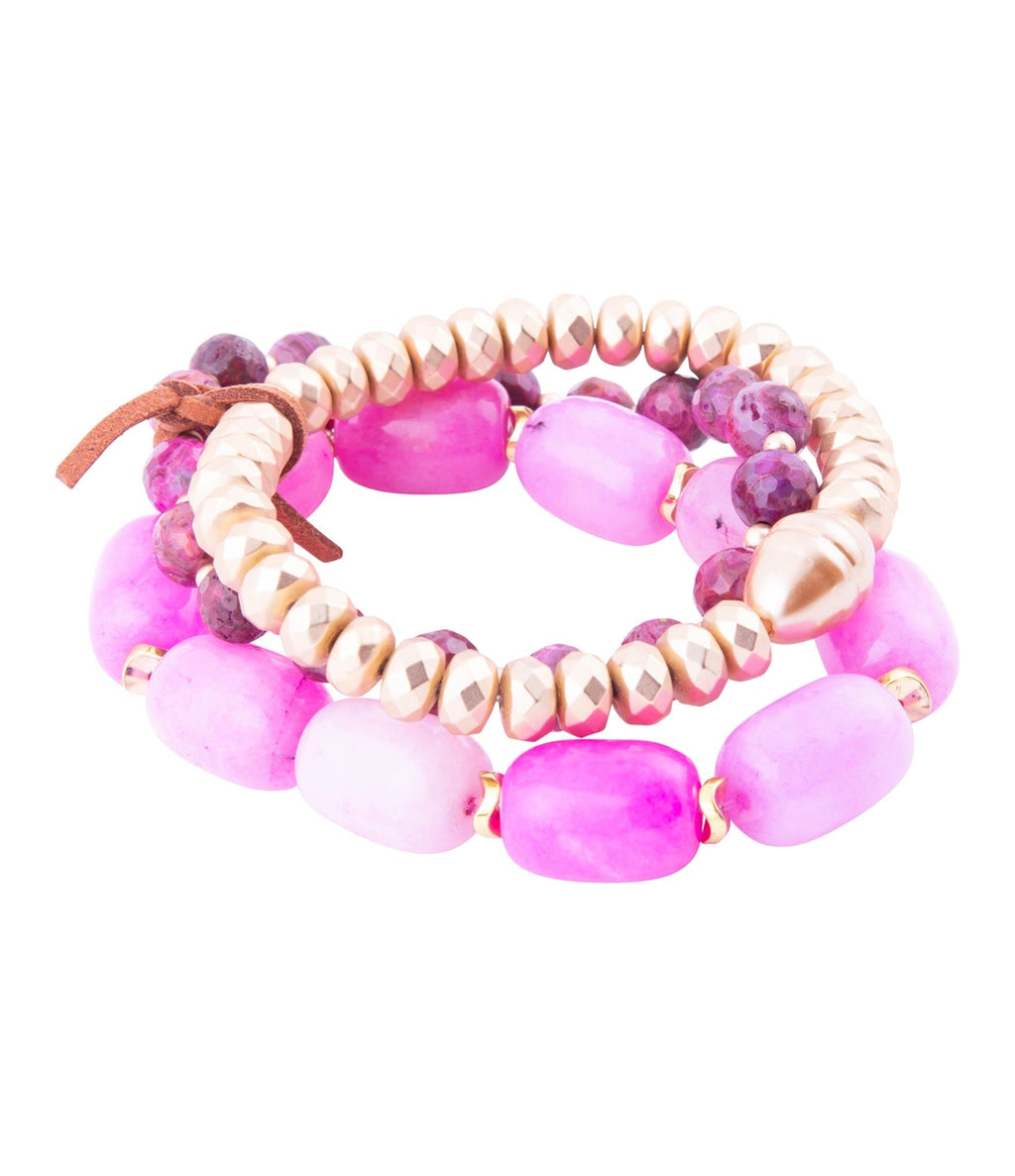 Peony Fuchsia Pink Jade Golden Stretch Bracelet Set