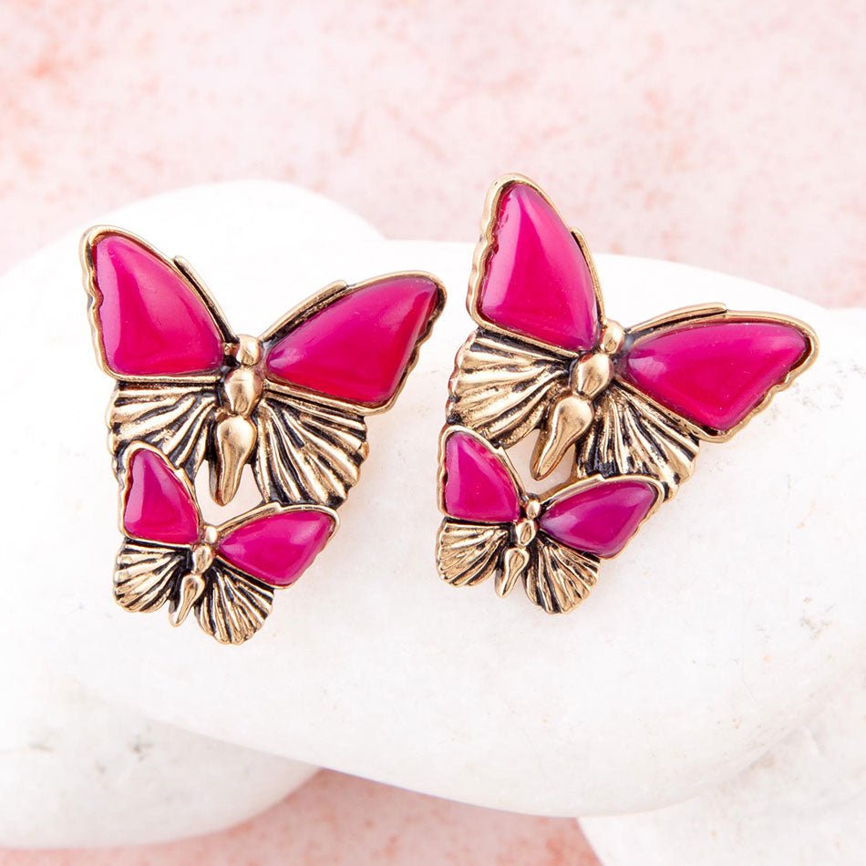 Pink Agate Golden Butterflies Post Earrings