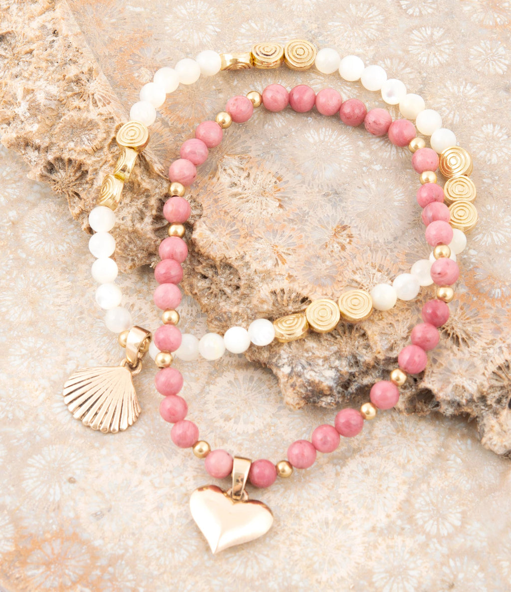 Pink Rhodonite and White Pearl Golden Heart Charm Bracelet Set