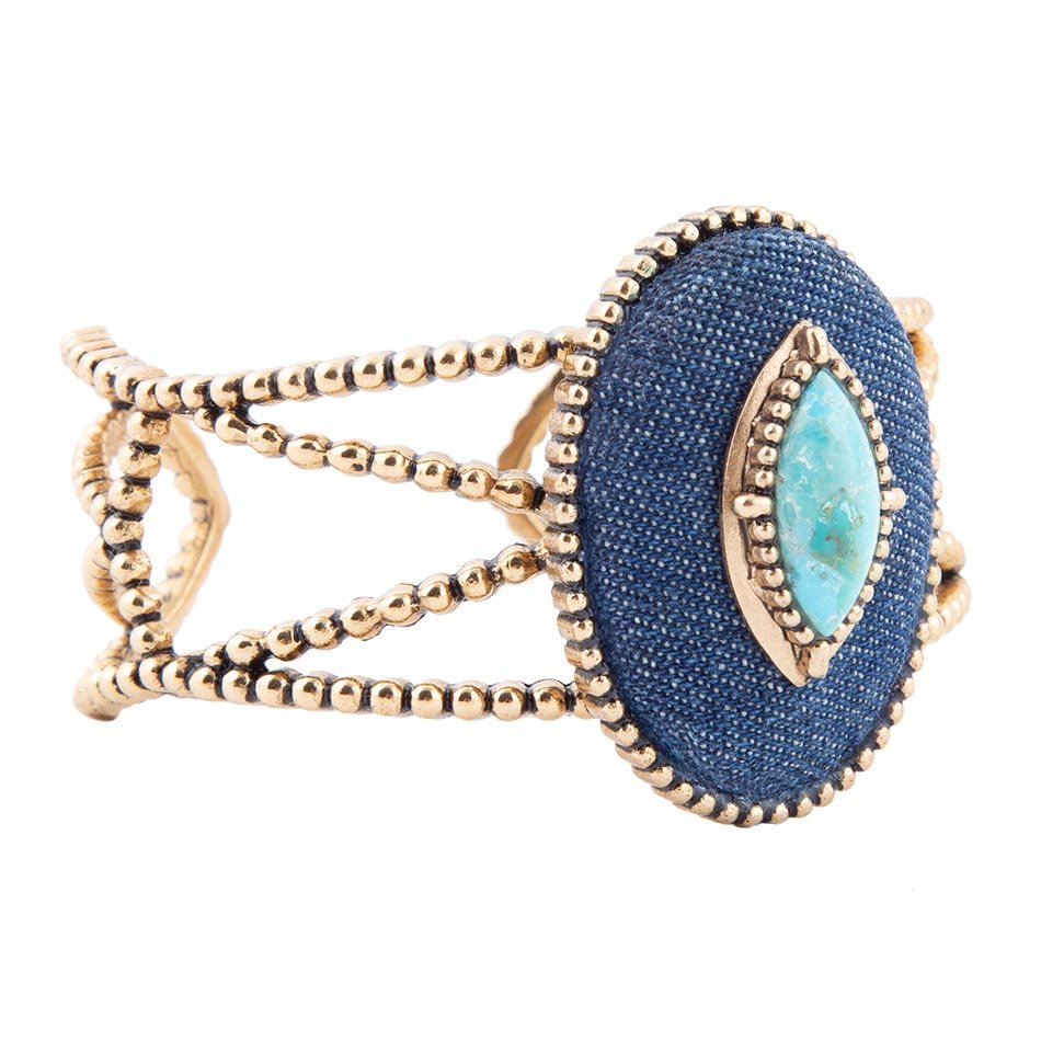 Stacked Blue Turquoise and Denim Golden Cuff Bracelet