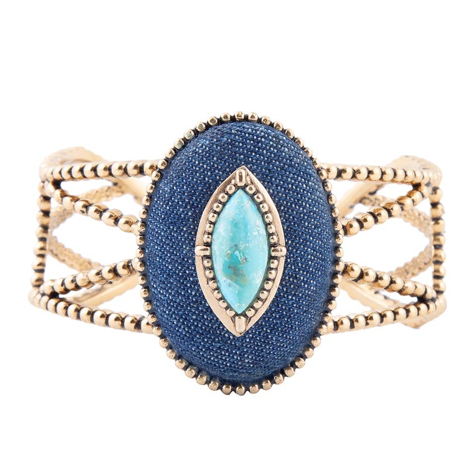 Stacked Blue Turquoise and Denim Golden Cuff Bracelet
